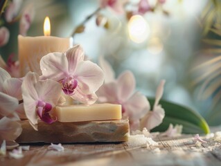 A candle and some flowers sitting on a table