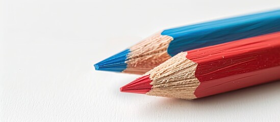 Aufkleber - Two double-sided colored pencils in red and blue hues placed on a white backdrop with ample copy space image.