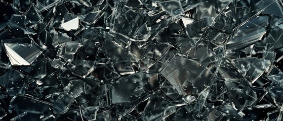 Panoramic close-up, high detail scan of shattered glass with sharp splinters texture, Generative AI