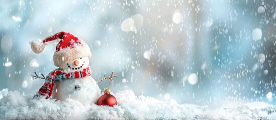 Poster - Winter-themed Christmas decoration featuring a snowman set against a snowy backdrop with abundant copy space image.