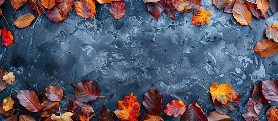 Leinwandbilder - View of vibrant autumn leaves arranged along the edge with copy space image.
