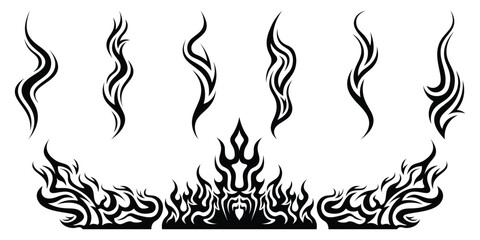 Silhouette Fire flames. Old school tattoo neo-tribal style or silhouette flame for cars. set vector icons. Fire sign. Fire flame icon isolated on white background. Vector illustration