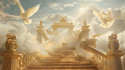 Wall Mural - create a cloud filled heaven stairs with doves and golden gates memorial background