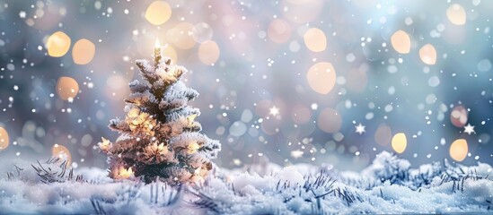 Wall Mural - Snow-covered fir tree decorated for Christmas with a magical light bokeh backdrop, creating a charming scene with room for your holiday wishes in the copy space image.