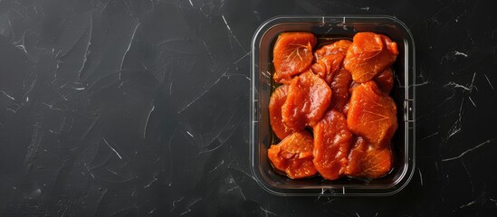 Canvas Print - Top view of marinated chicken fillet in red sauce in a transparent tray on an isolated background with copy space image, suitable for fast food or home-cooked meals.