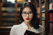 © Jati - A woman wearing glasses and red lipstick is holding a book