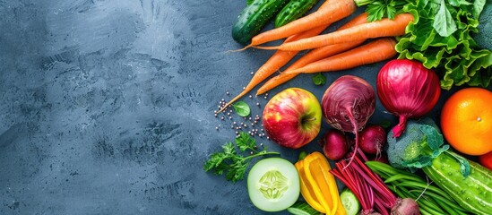 Canvas Print - Top-down studio shot of various vibrant fruits and vegetables like carrots, beetroot, cucumbers, apples, and more with copy space image.