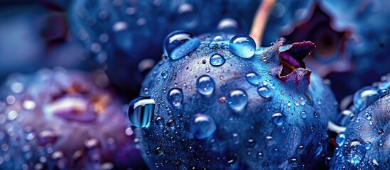 Canvas Print - Macro shot of juicy blueberries with water droplets, creating a fresh backdrop for your text. Ideal for vegan and vegetarian themes. Close-up texture image.