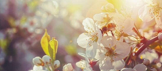 Sticker - A bee rests on a white cherry blossom amidst blooming trees in a beautiful garden on a sunny day, creating a serene spring landscape with copy space image.