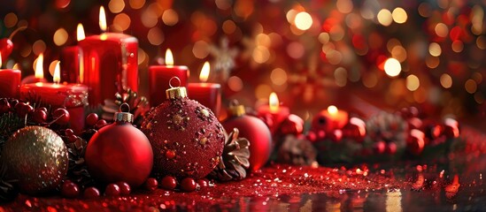 Poster - Festive Christmas decor featuring candles and ornaments, with a background perfect for adding your message or image - a copy space image.