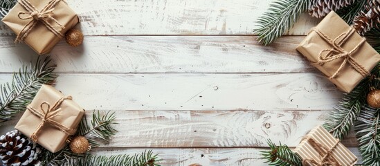 Aufkleber - Old white wooden background featuring Christmas gifts with copy space image.