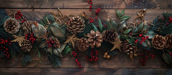 Poster - An overhead shot of a festive Christmas floral arrangement featuring golden pinecones, evergreens, light chain, red berries on a wooden rustic backdrop. Background with room for text or an image.