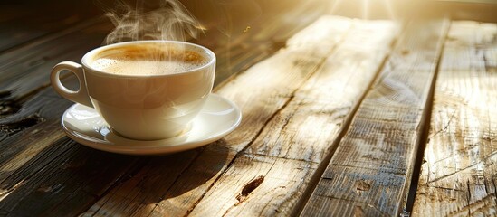 Sticker - Steaming cup of coffee resting on a wooden table with copy space image.