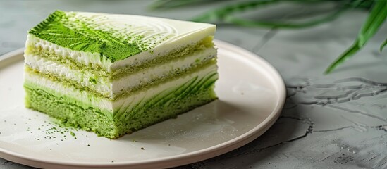 Poster - Green pandan sponge cake displayed on a white plate with copy space image.