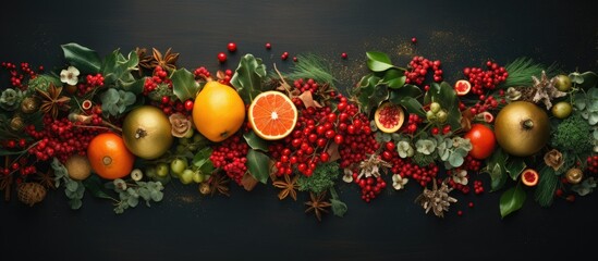 Poster - Festive Christmas arrangement with flat lay and top view, showcasing a copy space image.