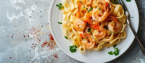 Canvas Print - A white plate showcases fettuccini and tagliatelle pasta with shrimp, presenting an Italian food style setting with copy space image.