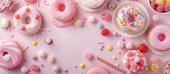 Poster - Sweet donuts and candies on a soft pink backdrop for an influencer photo with a food theme, perfect for a banner, with plenty of copy space image.