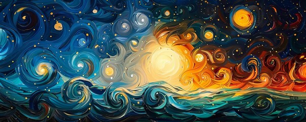 Wall Mural - A Van Gogh-inspired explosion of stars, their swirling brushstrokes and vibrant colors reminiscent of the artist's iconic style.