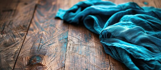 Sticker - Walnut wood table background with a teal linen cloth, featuring a shallow focus for copy space image.