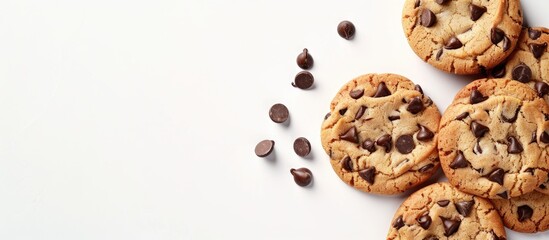 Poster - Cookie with chocolate chips on a white background with copy space image.