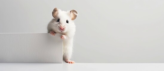 Poster - A small adorable white hamster stands beside a banner with available copy space image.