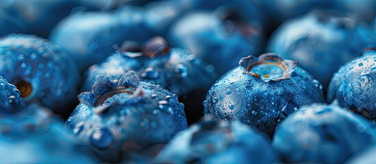 Canvas Print - Background of fresh blueberries with available copy space image for text, focusing on vegan and vegetarian themes, showcasing a detailed macro view of the blueberries' texture.