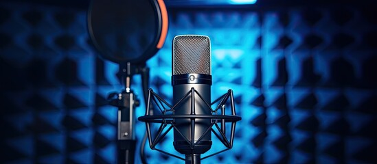 Sticker - Dark blue background in a professional studio microphone capturing voice with audio waveform; perfect for recording studio, broadcasting, or podcasting with copy space image.