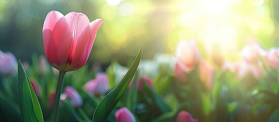 Aufkleber - Close-up of a lovely pink tulip under the bright sun with ample copy space image.