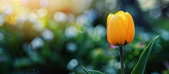 Poster - A spring-themed Easter background featuring a single close-up yellow tulip with copy space for added elegance and a touch of nature's beauty.