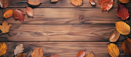Aufkleber - Thanksgiving autumnal background with colored leaves on wooden board, providing a cozy and inviting atmosphere for text or graphics with copy space image.