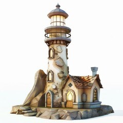 3D Render, Low Poly style of a creepy old lighthouse, on isolated white background, Generative AI