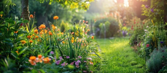Poster - A scenic garden with colorful flowers in soft morning sunlight, perfect as a lovely copy space image.