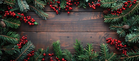 Aufkleber - Circular arrangement of green Christmas tree branches and red viburnum berries on a wooden backdrop with copy space image.