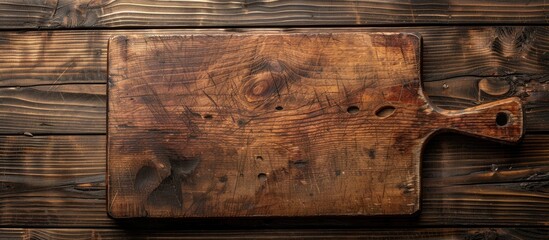 Sticker - Top view of an aged wooden cutting board on a rustic wooden backdrop, with copy space image.