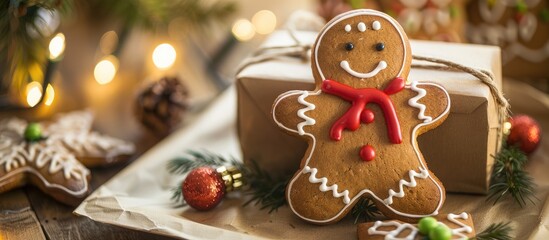 Wall Mural - German Christmas gingerbread on a festive background with a 'Get well soon!' message, placed at a Christmas market setting with copy space image.