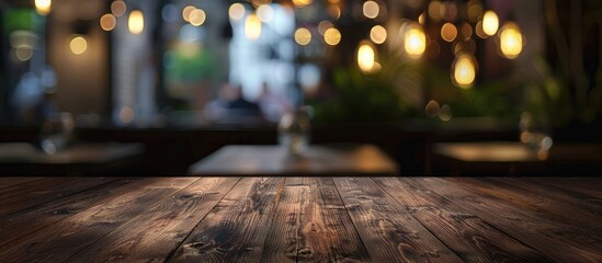 Poster - Dark wooden table with no objects against a blurry restaurant background; suitable for displaying products. Ideal for product montages, featuring copy space image.