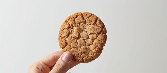 Poster - A cookie with a creamy center held by a hand set against a white backdrop, providing space for additional images.