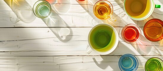 Aufkleber - White wooden background with a green cup of tea and various colorful glasses, allowing for text placement in the copy space image.