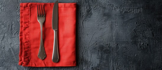 Aufkleber - Top-down view of a red kitchen napkin on a table, offering copy space in a minimalistic, flat lay design.