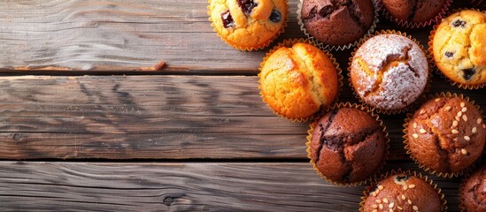 Poster - Delectable muffins arranged beautifully on a rustic wooden table, providing a perfect setting for a copy space image.