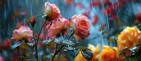 Wall Mural - Roses with autumn hues against a rainy backdrop create a picturesque scene.