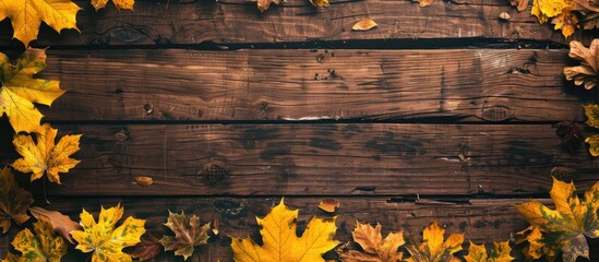 Poster - Autumn scenery featuring yellow maple leaves against a vintage brown wooden backdrop with copy space image.