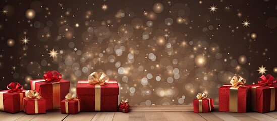 Poster - A festive Christmas backdrop featuring various decorations, red gift boxes, and a wooden surface with space for text or images.