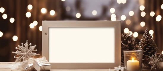 Aufkleber - Empty wooden picture frame mockup for Christmas background with decorations and copy space image available for text to convey winter holiday celebration concept.