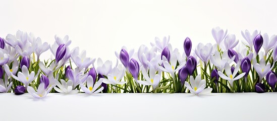 Aufkleber - Top-down view of lovely spring snowdrops and violet crocuses arranged on a white backdrop, with ample room for text in the image.