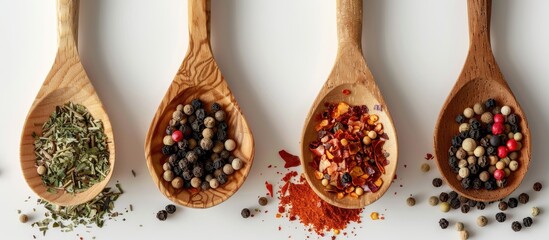 Sticker - Wooden spoons with spices and seasonings on a white background with room for text in the image.