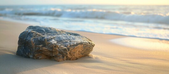 Aufkleber - Triangular rock resting on sandy beach with copy space image.