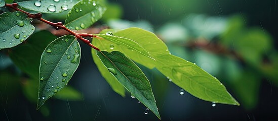 Leinwandbilder - A brown leaf with raindrops rests on vibrant green bush foliage, providing a picturesque scene with copy space image.
