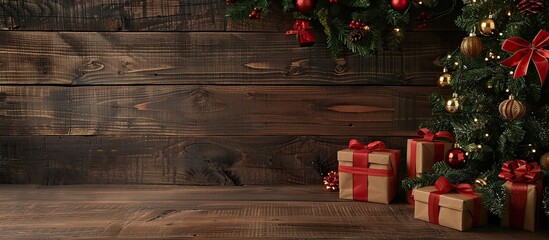 Poster - Wooden table adorned with a Christmas tree and several gift boxes, ideal for a festive copy space image.