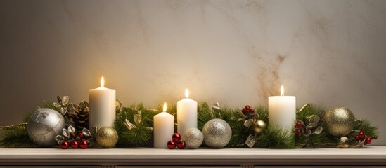 Poster - Advent wreath placed on a sideboard with a silver gift, creating an elegant display with copy space image.